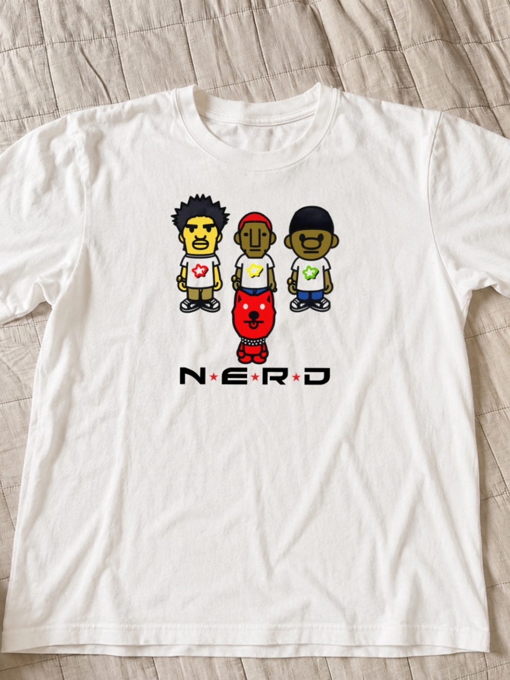 Gildan White Short-Sleeve Tee with Colorful Cartoon Band Graphic